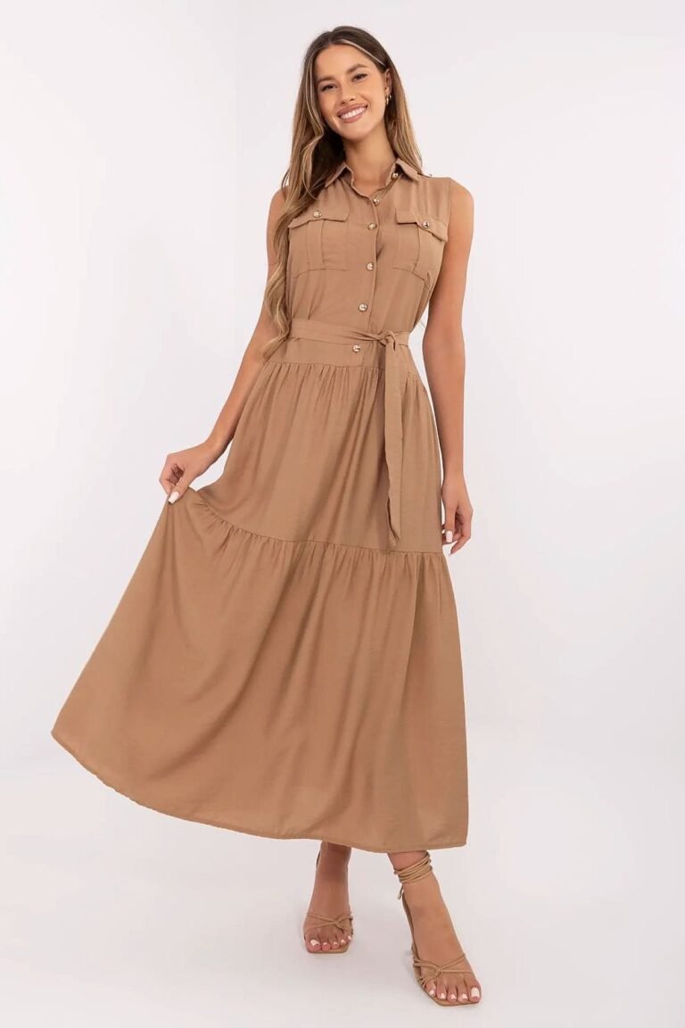 Robe Casual Midi Sans Manches Ceinturee Beige Taille Unique