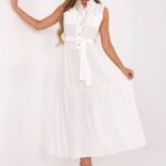 Robe Casual Midi Sans Manches Ceinturee Blanc Taille Unique