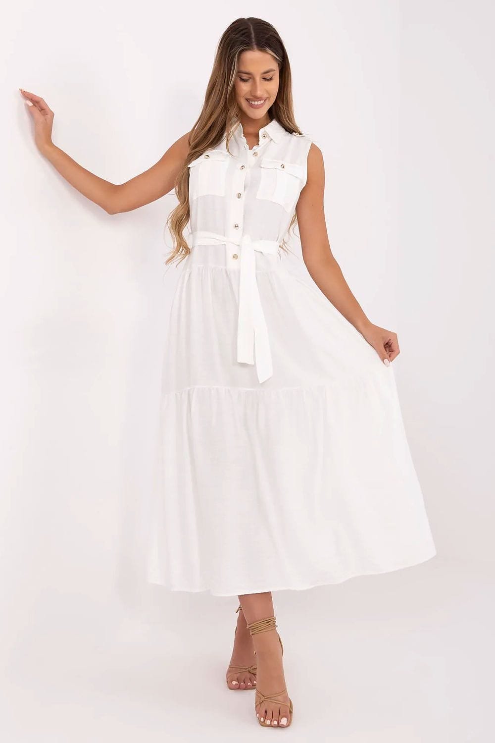 Robe Casual Midi Sans Manches Ceinturee Blanc Taille Unique