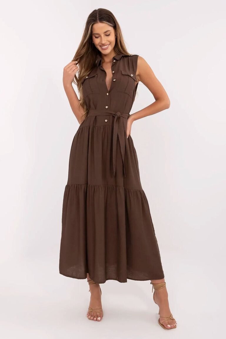 Robe Casual Midi Sans Manches Ceinturee Marron Taille Unique