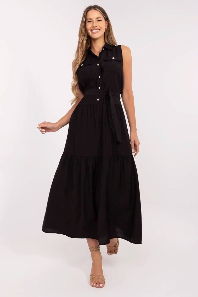 Robe Casual Midi Sans Manches Ceinturee Noir Taille Unique