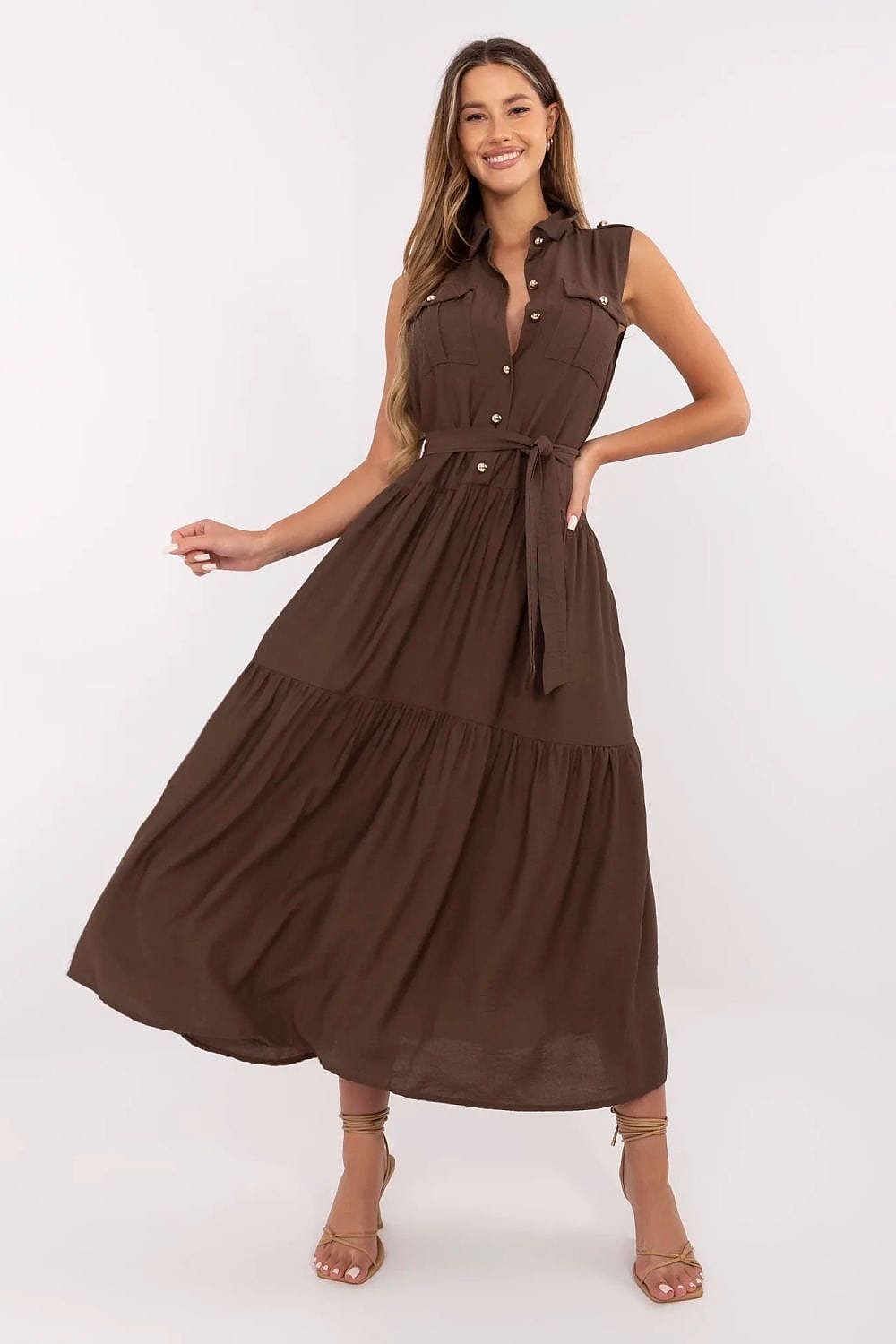 Robe Casual Midi Sans Manches Ceinturee