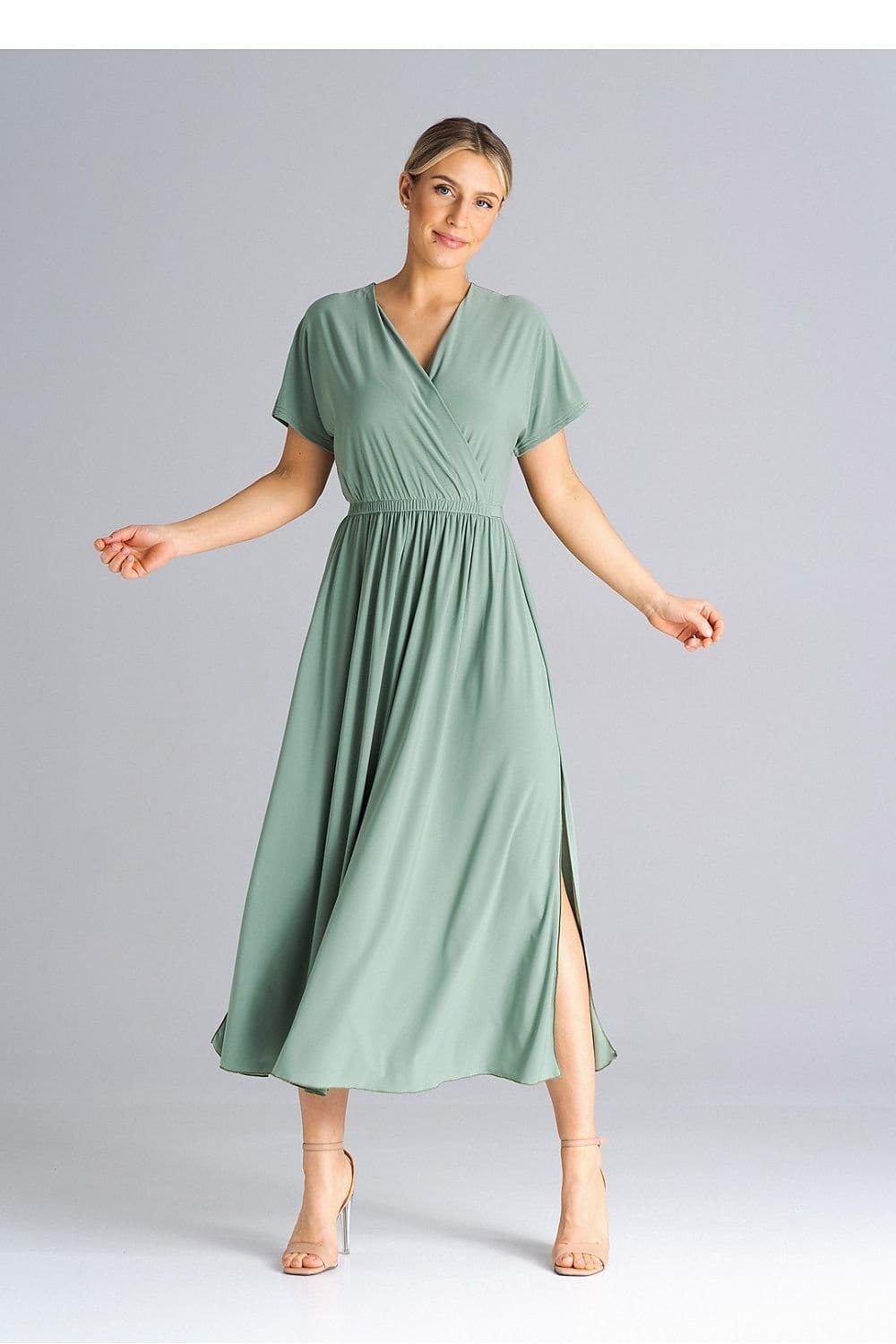 Robe Casual Pour Ete Longue Manches Courtes Vert Sauge S M
