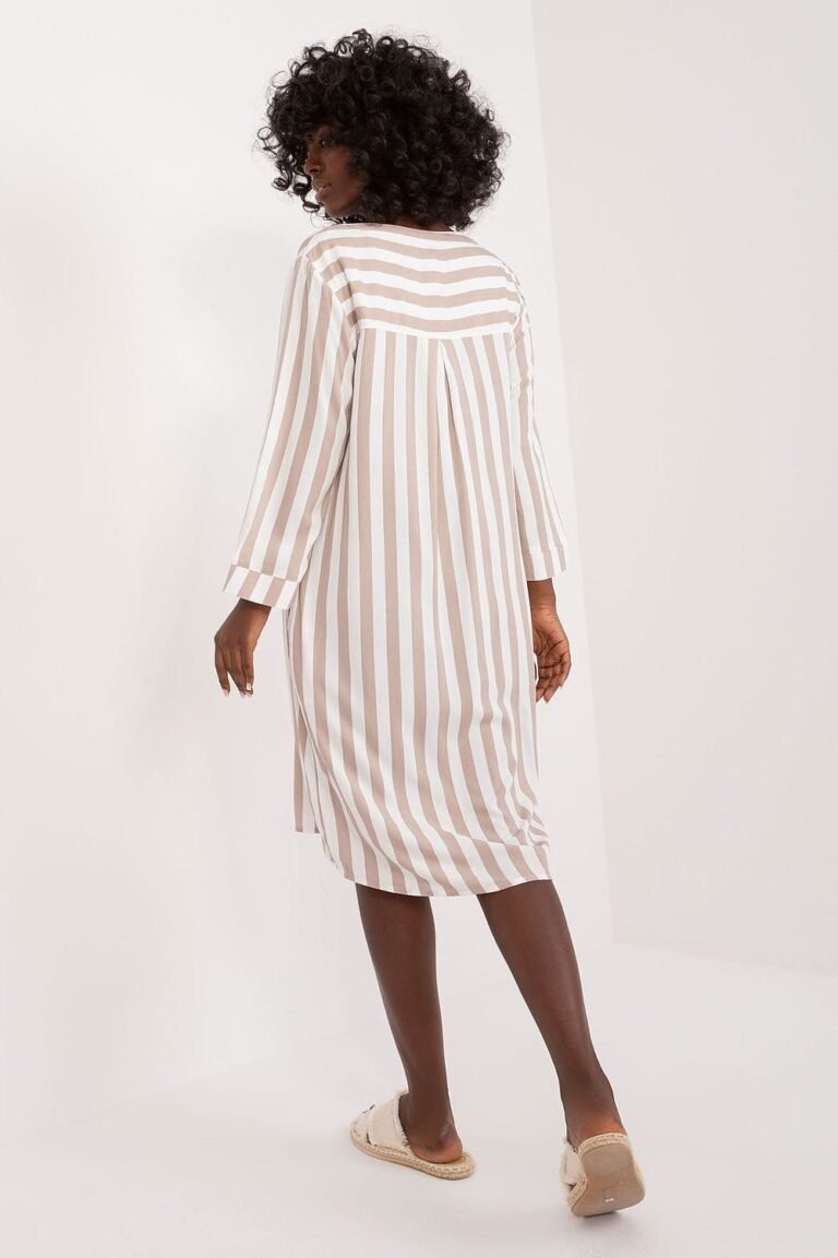 Robe Casual Rayee Beige Midi Manches Longues 2