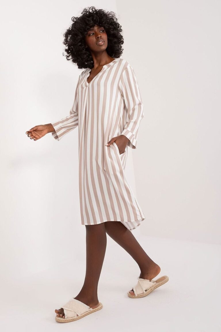 Robe Casual Rayee Beige Midi Manches Longues