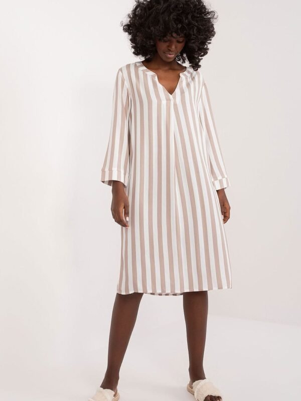 Robe Casual Rayee Beige Midi Manches Longues Beige S