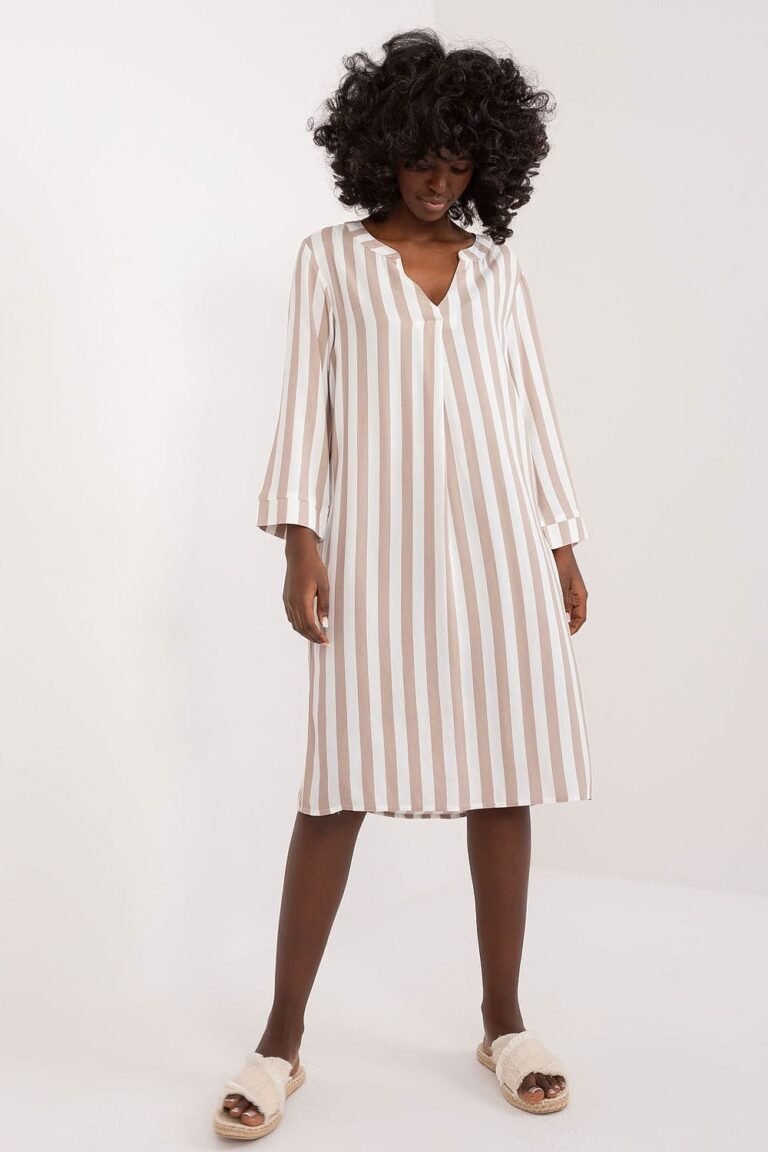 Robe Casual Rayee Beige Midi Manches Longues Beige S
