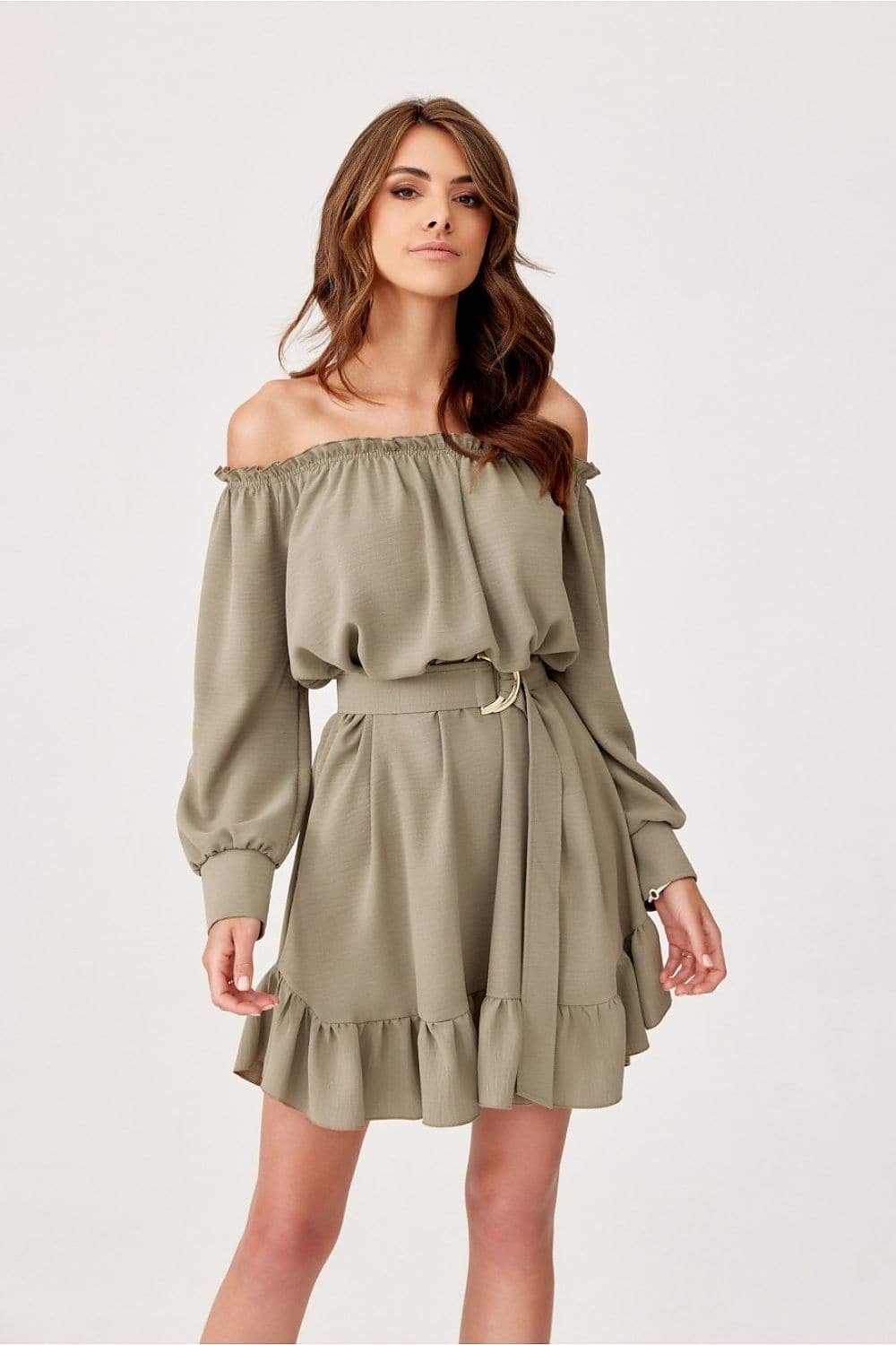 Robe Champetre Beige Epaules Denudees Courte 2