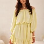 Robe Champetre Courte Epaules Denudees Jaune S M