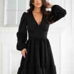 Robe Champetre Courte Evasee Manches Longues Noir 34