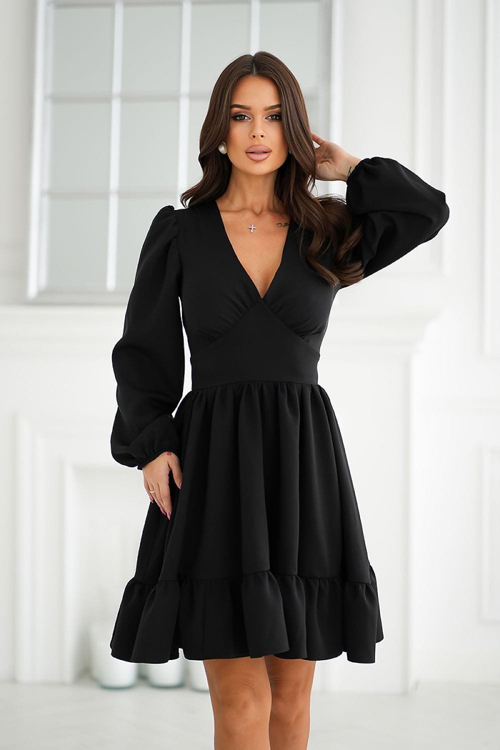 Robe Champetre Courte Evasee Manches Longues Noir 34
