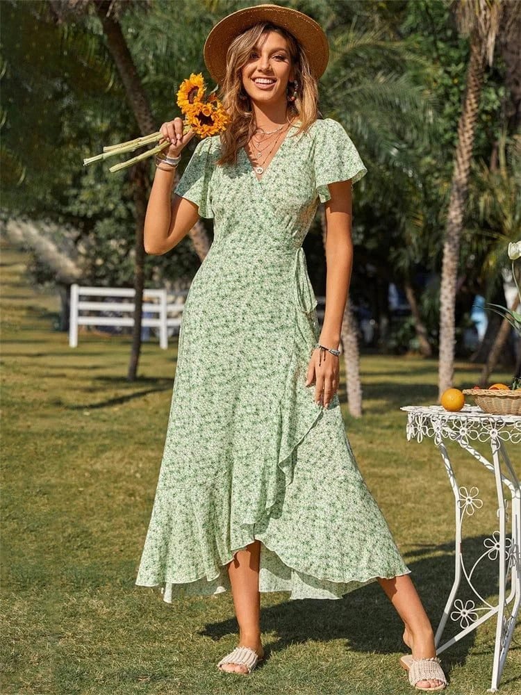 Robe Champetre Fleurie Ete Asymetrique Vert S