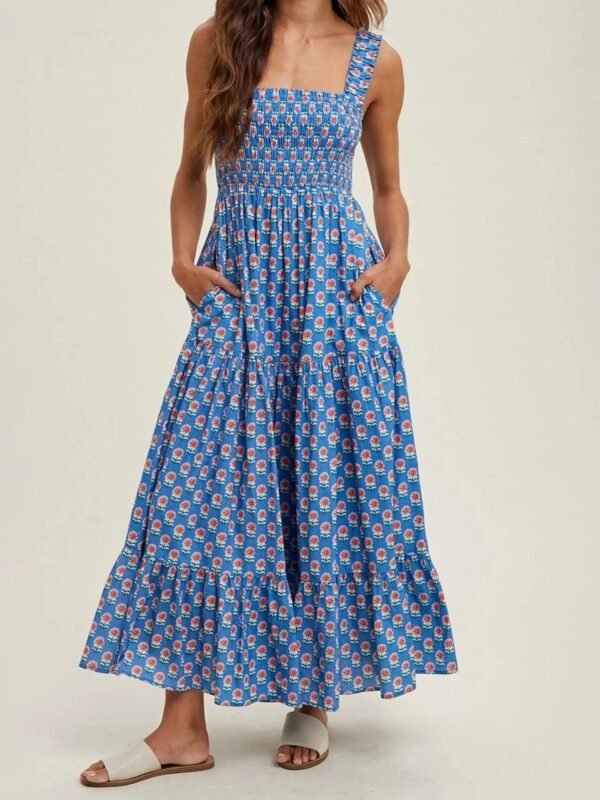 Robe Champetre Longue Col Carre Bleu S
