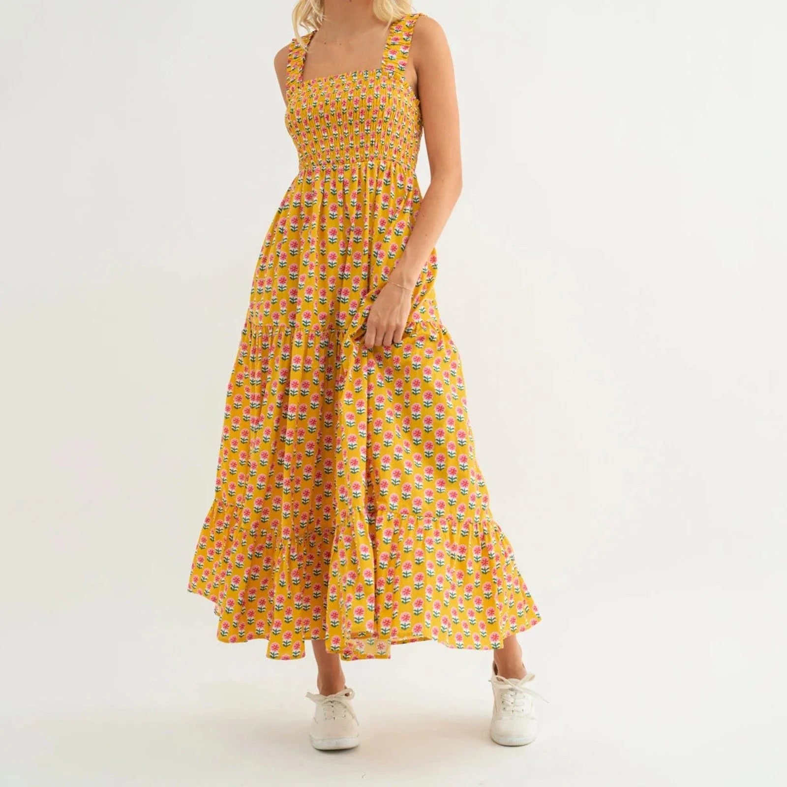 Robe Champetre Longue Col Carre Jaune S