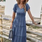 Robe Champetre Midi Manches Courtes Bleu S