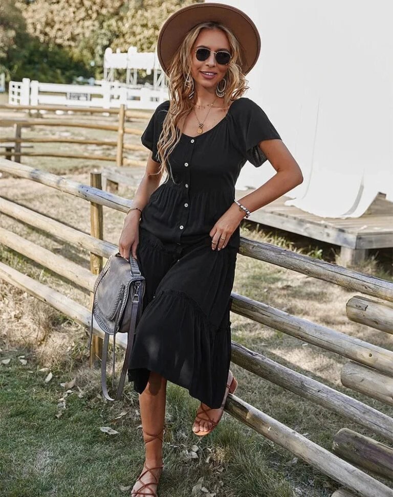 Robe Champetre Midi Manches Courtes Noir S