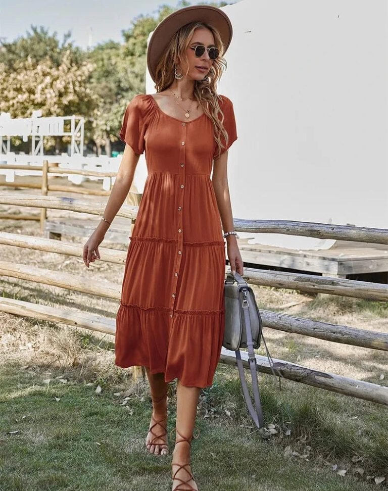 Robe Champetre Midi Manches Courtes Terracotta S