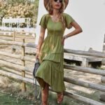 Robe Champetre Midi Manches Courtes Vert S