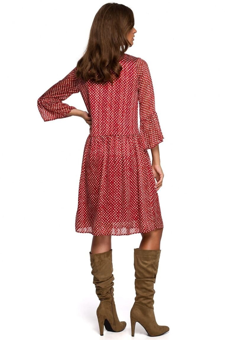 Robe Champetre Rouge Aux Pois Blancs Manches Longues