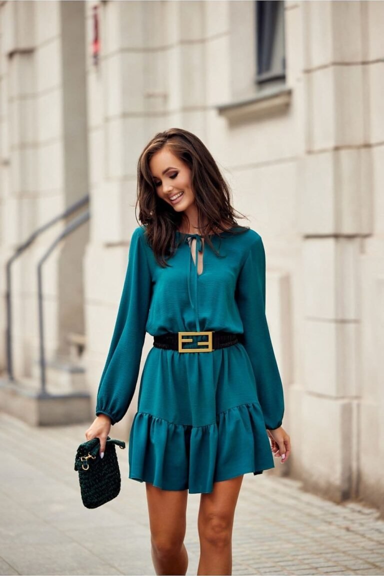 Robe Champetre Verte De Bleu Manches Longues 34