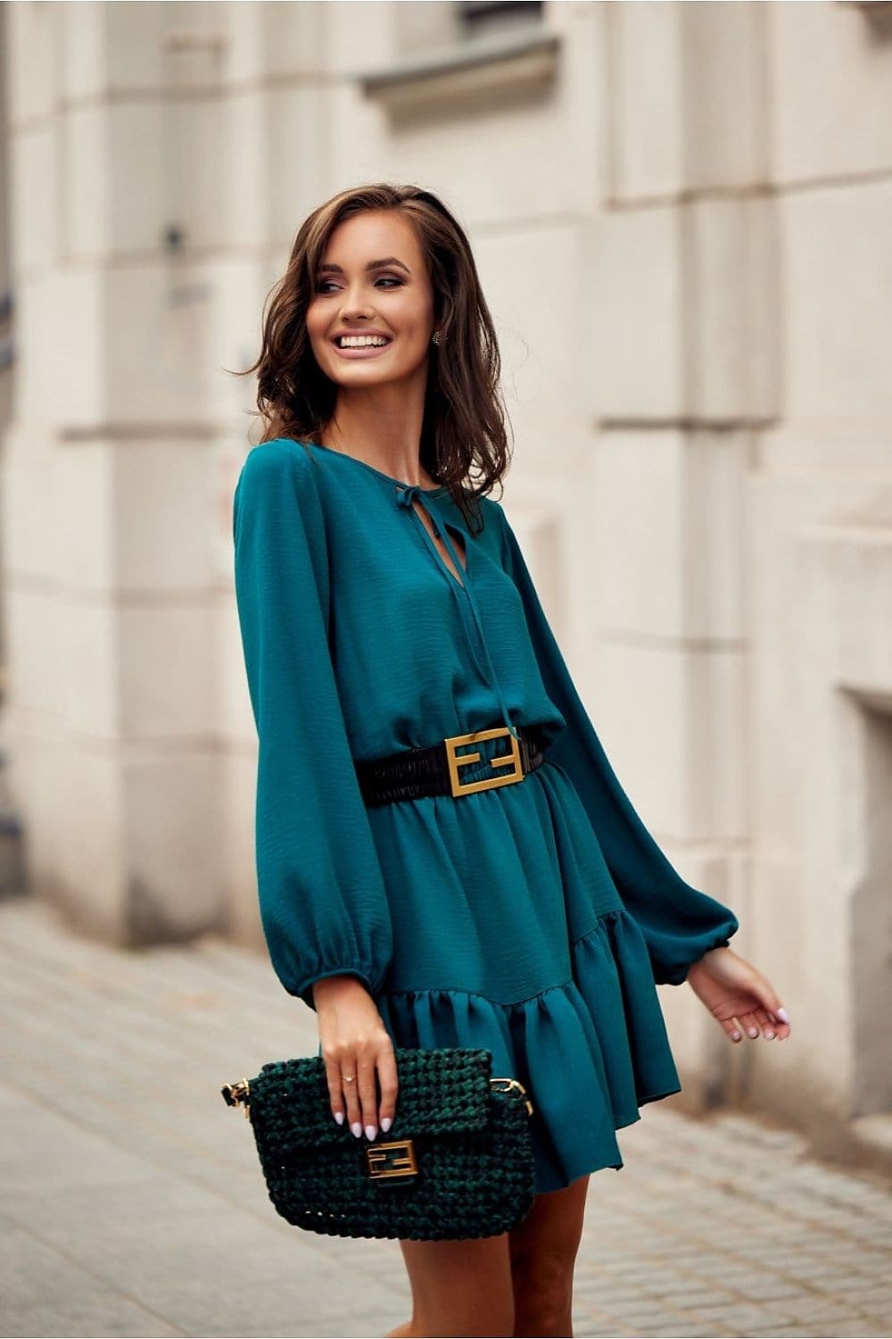 Robe Champetre Verte De Bleu Manches Longues