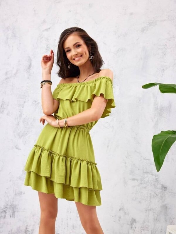 Robe Champetre Verte Olive Courte Epaules Denudees 34