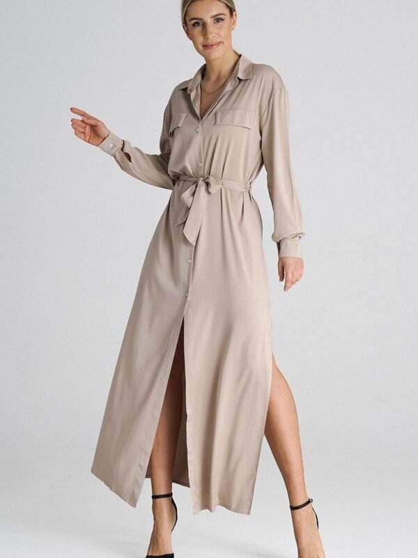 Robe Chemise Beige Longue Manche Longue Beige S