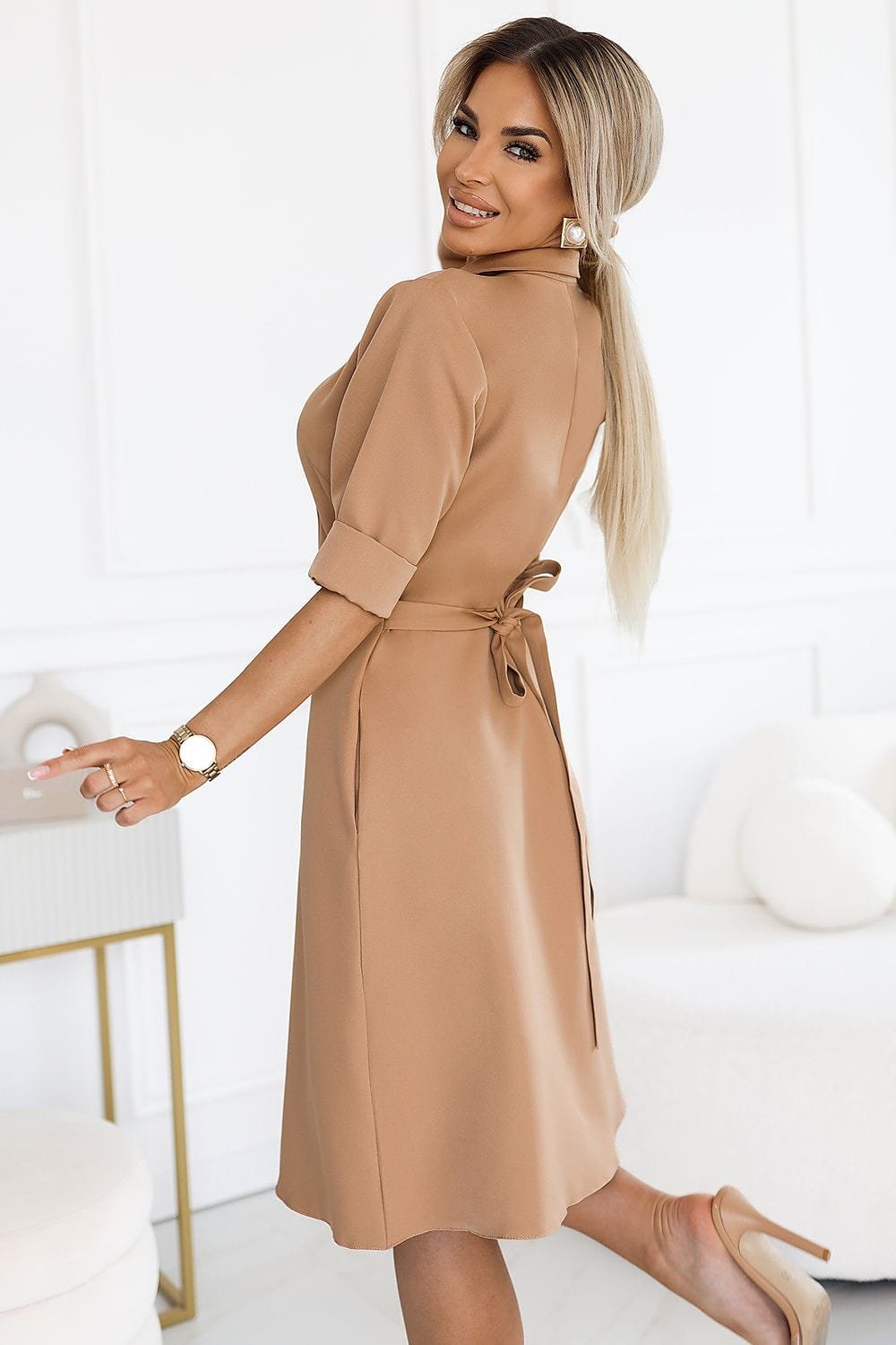 Robe Chemise Beige Manches Courtes 2