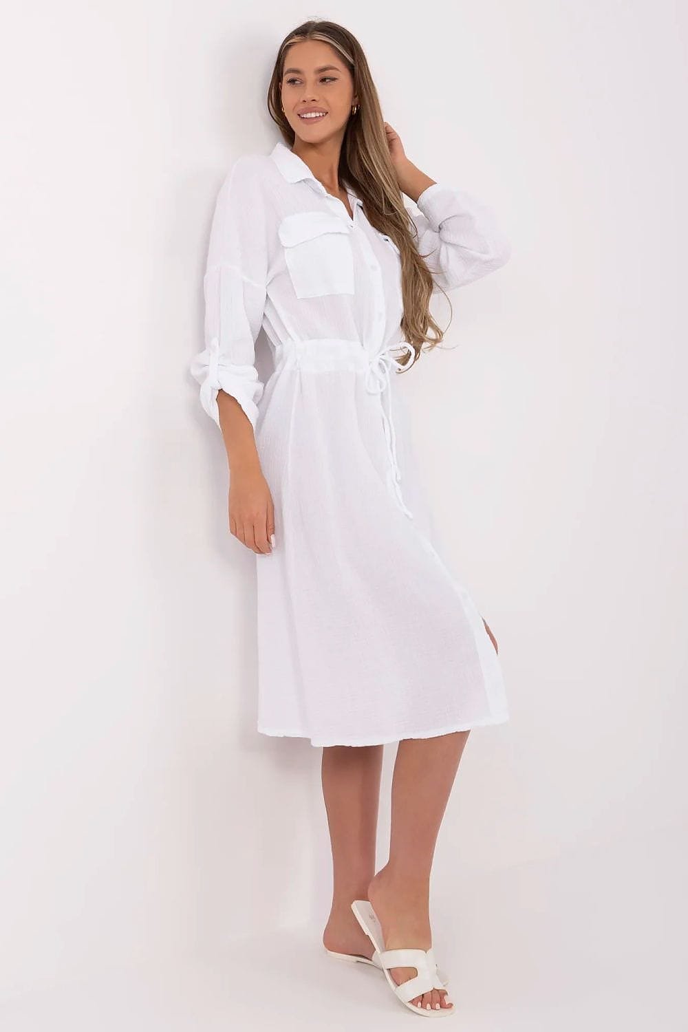 Robe Chemise Blanche Ete Midi Manches Longues 2