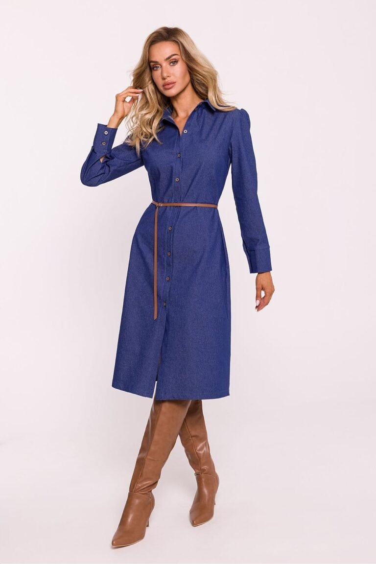 Robe Chemise Cintree Manches Longues Bleu S