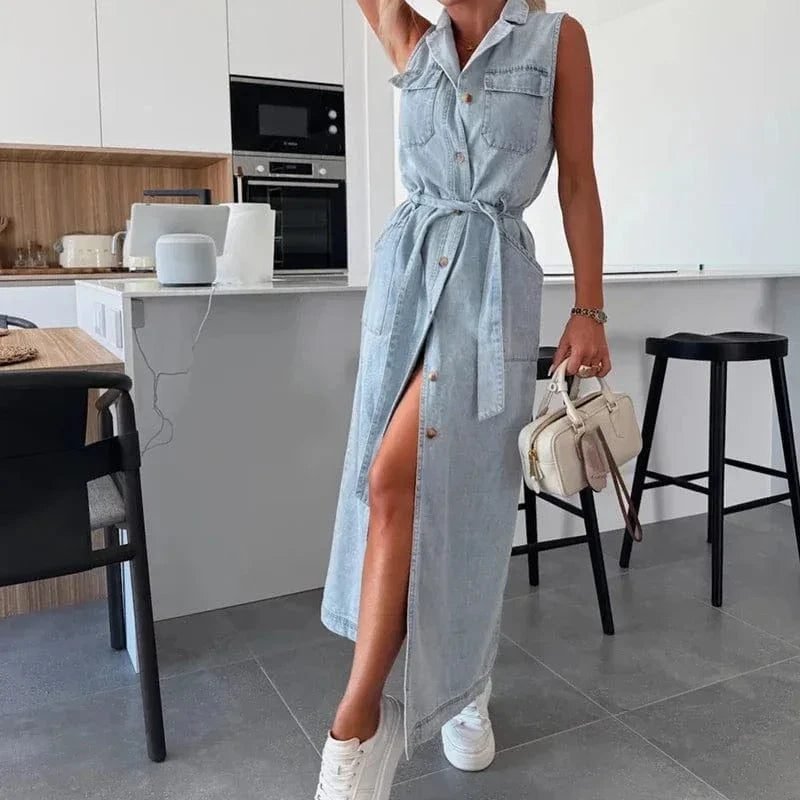 Robe Chemise En Jean Longue Sans Manches Bleu S