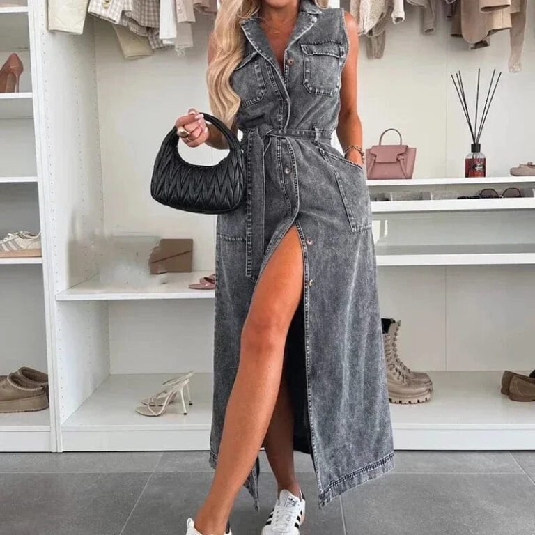 Robe Chemise En Jean Longue Sans Manches Noir S