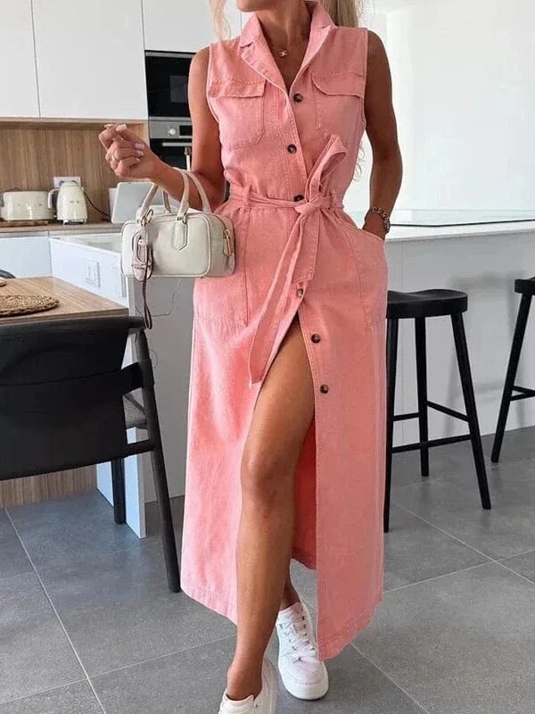 Robe Chemise En Jean Longue Sans Manches Rose S