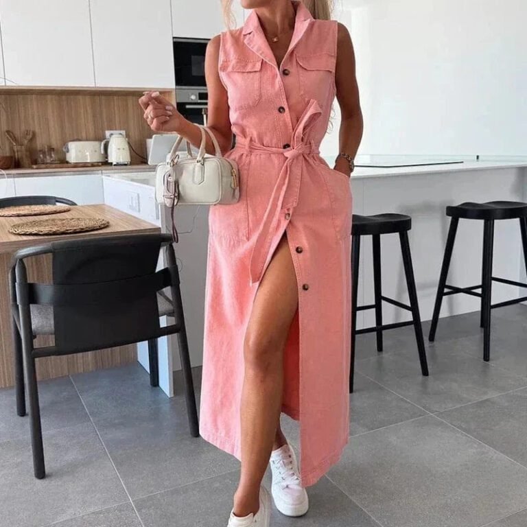 Robe Chemise En Jean Longue Sans Manches Rose S