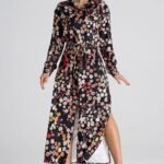 Robe Chemise Fleurie Noir Manche Longue Multicouleur S