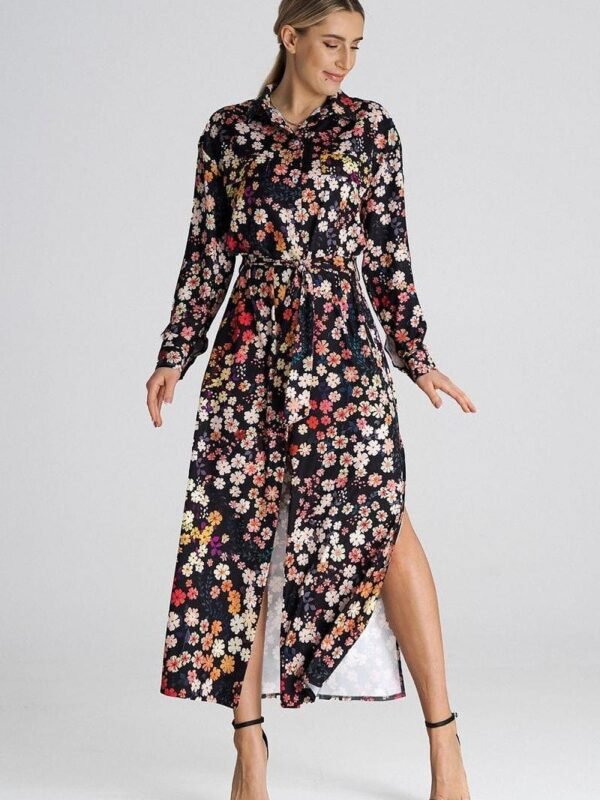 Robe Chemise Fleurie Noir Manche Longue Multicouleur S