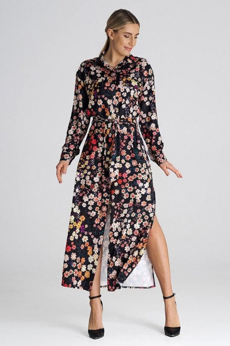 Robe Chemise Fleurie Noir Manche Longue Multicouleur S