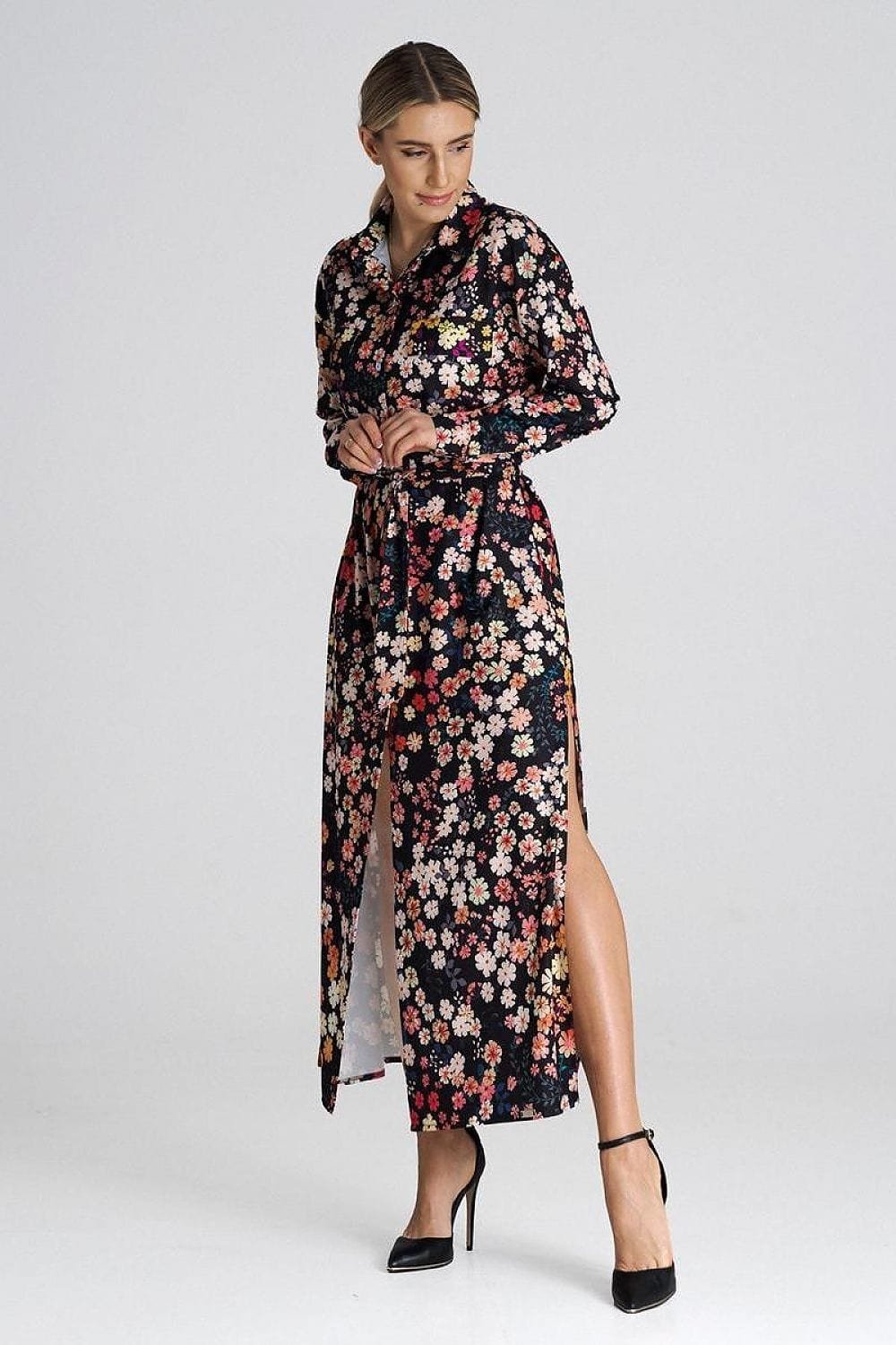 Robe Chemise Fleurie Noir Manche Longue