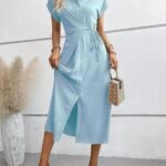 Robe Chemise Midi Manches Courtes Bleu S