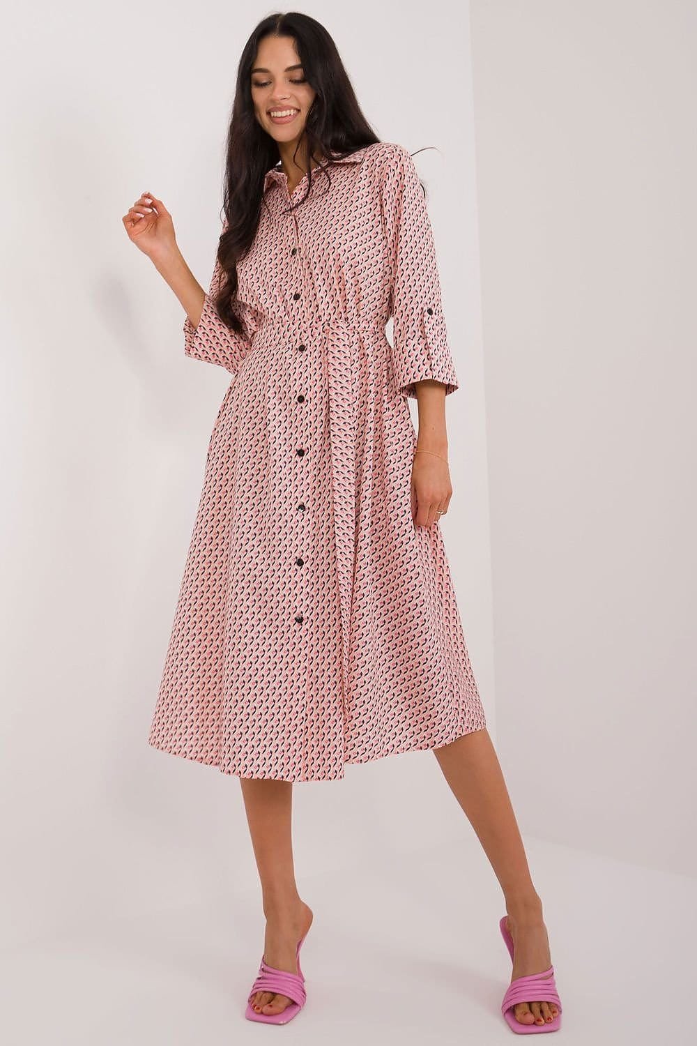 Robe Chemise Midi Manches Longues Rose S M