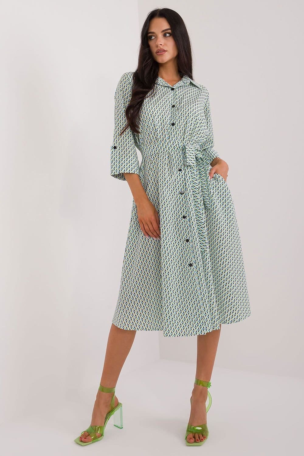 Robe Chemise Midi Manches Longues Vert S M