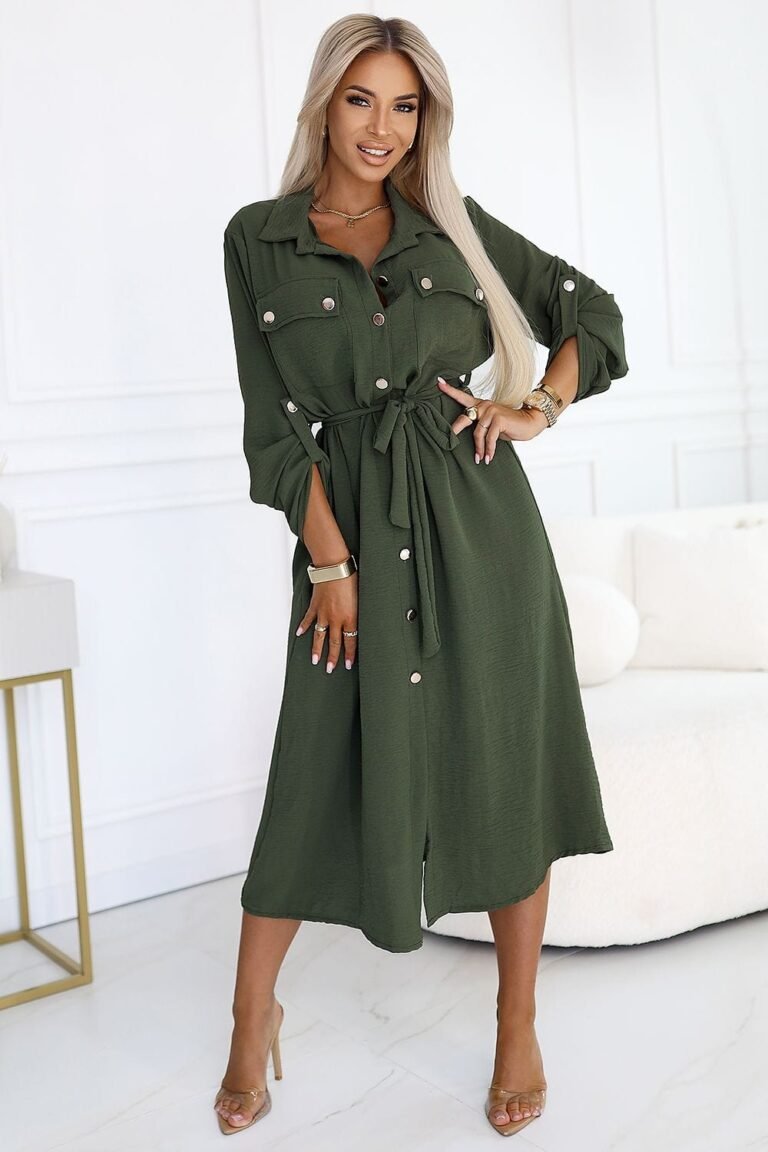 Robe Chemise Verte Manches Longues