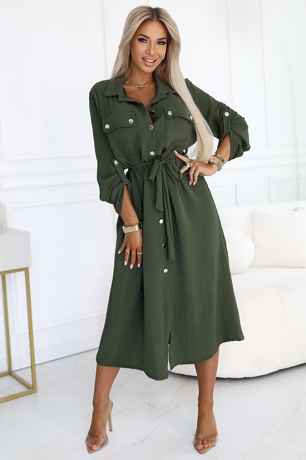 Robe Chemise Verte Manches Longues