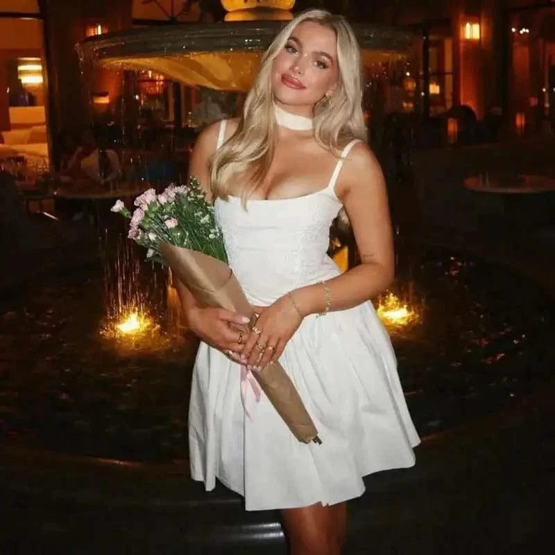 Robe Corset Courte Evasee A Bretelles Blanc S