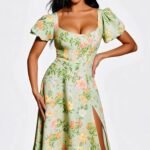 Robe Corset Fleurie Fendue Manches Courtes 2