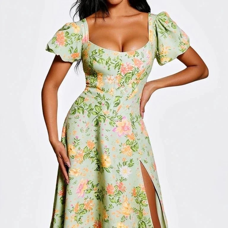 Robe Corset Fleurie Fendue Manches Courtes 2