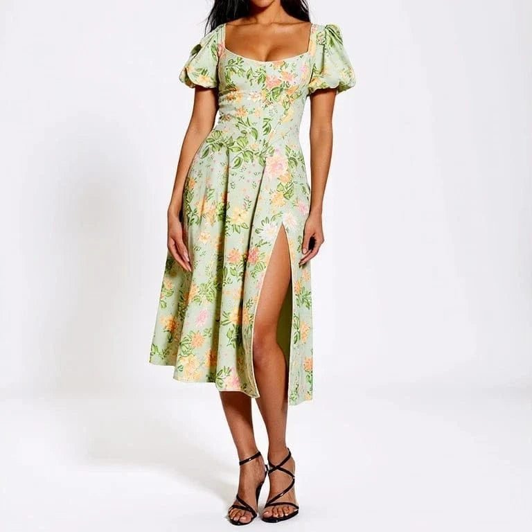 Robe Corset Fleurie Fendue Manches Courtes 3