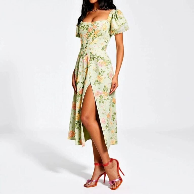 Robe Corset Fleurie Fendue Manches Courtes