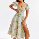 Robe Corset Fleurie Fendue Manches Courtes Multicouleur S