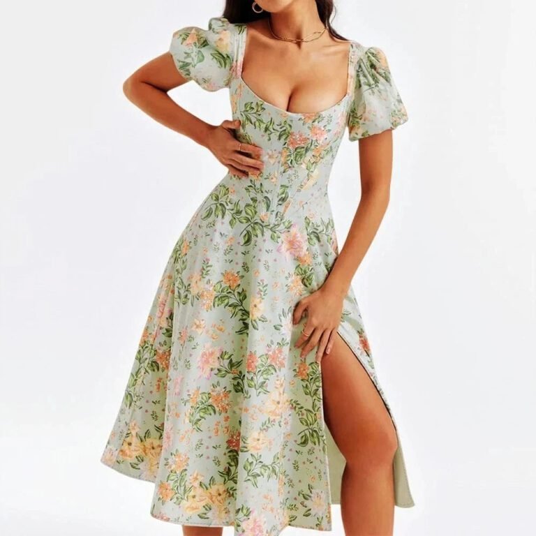 Robe Corset Fleurie Fendue Manches Courtes Multicouleur S